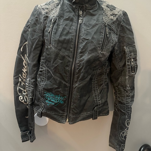 Ed Hardy Dark Grey Moto Jacket with Tiger Embroidery Y2K Biker Grunge Alt - Picture 1 of 10